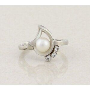 10k White Gold Freshwater Pearl & White Spinel Ring Size 5